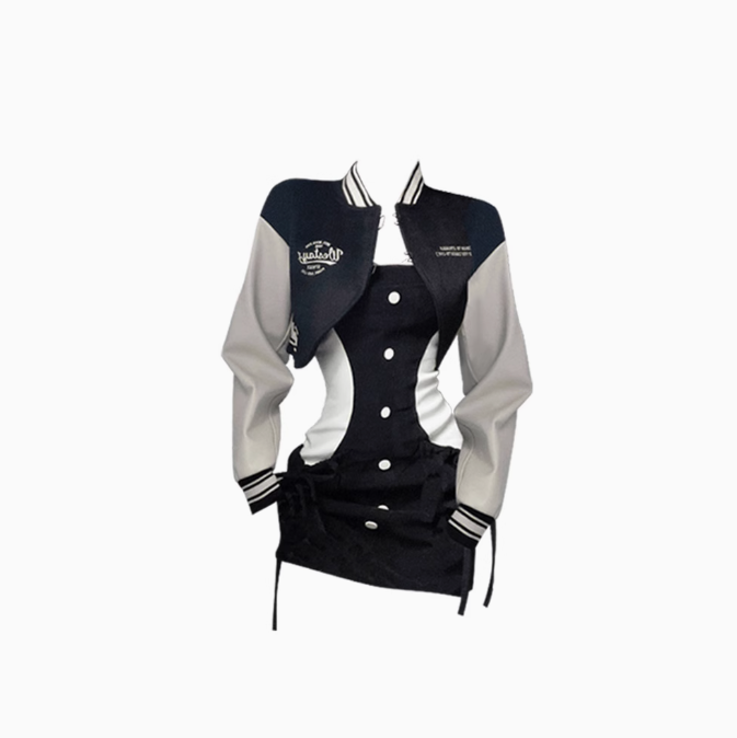 American retro baseball jacket 2025 plus size sweet hot girl style tube top skirt suit R1329