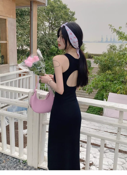 Simple Women Fashion Gray Black Halter Dress TP2988