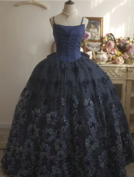 Vintage Elegant Navy Blue Bow Embroidered Train Tulle Ball Gown Evening Dress Sweet 16 Dress P4296