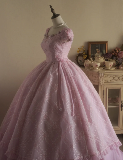 Sweet Court Light Pink Embroidered Floral Tulle Ball Gown Evening Dress Sweet 16 Dress P4297