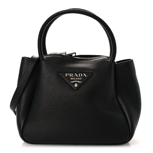 Vitello Daino Soft Mini Zippered Top Handle Bag Black