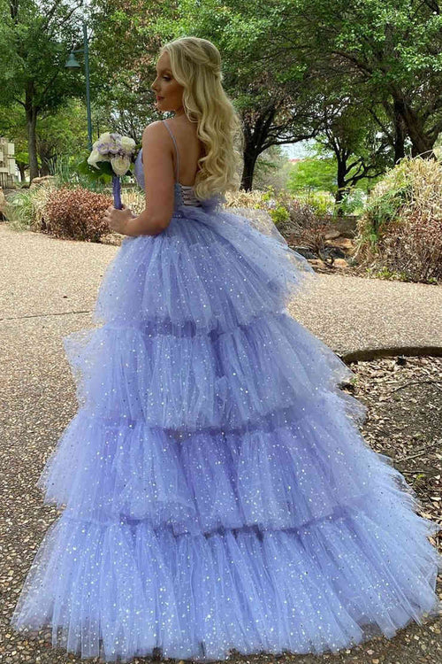 omberprom Fashion Glitter Evening Dress Hi-Low Lavender Tiered Tulle Prom Dress