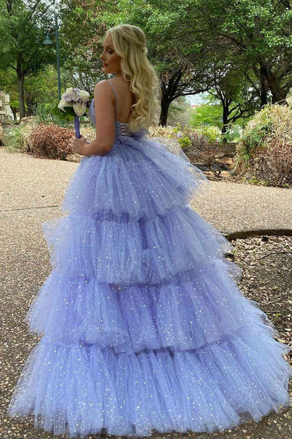 omberprom Fashion Glitter Evening Dress Hi-Low Lavender Tiered Tulle Prom Dress