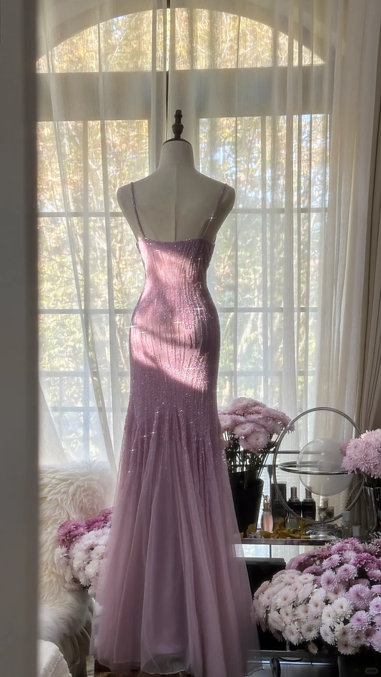 Retro Pink Sparkling Beaded Mermaid Chiffon Ball Gown Evening Dress Prom Dress TP3971