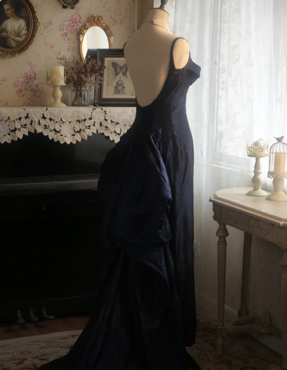 Vintage Navy Blue Mermaid Spaghetti Strap Square Neck Backless Satin Train Prom Dress Evening Dress P4298