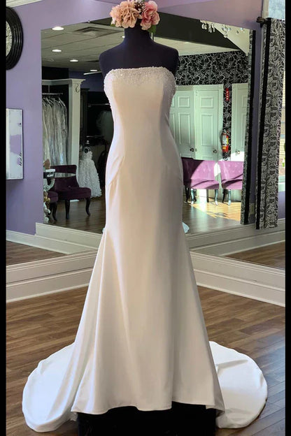omberprom Beaded Satin Strapless Mermaid Long Wedding Dress
