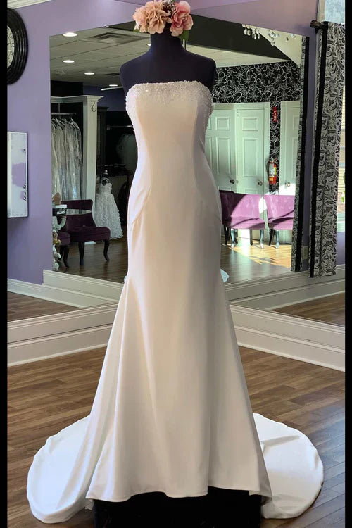 omberprom Beaded Satin Strapless Mermaid Long Wedding Dress