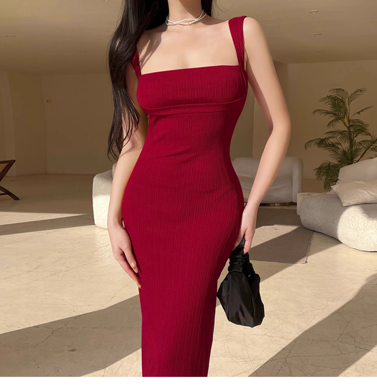 Women New Simple Fashion Solid Color Slim-fit Spaghetti Strap Dress TP2886
