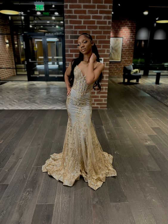 Princess Embroidered Corset Style Gold Mermaid Evening Dress Y5887