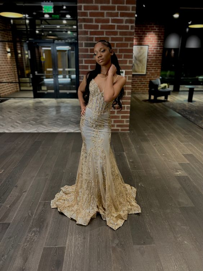 Princess Embroidered Corset Style Gold Mermaid Evening Dress Y5887