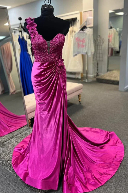 omberprom Fashion One-Shoulder Prom Dresses 3D Floral Lace Pleated Long Gown Evening Dress with Slit