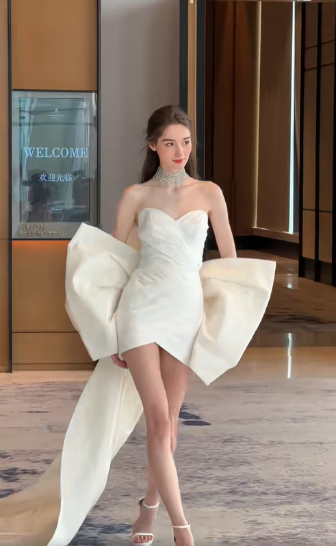 White tube top cute princess back bow design sexy mini skirt homecoming dress R4211
