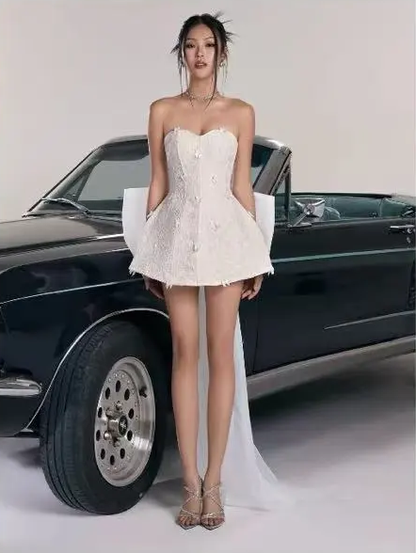 White tube top waist slim fit A-line princess skirt back bow design short skirt homecoming dress R4777