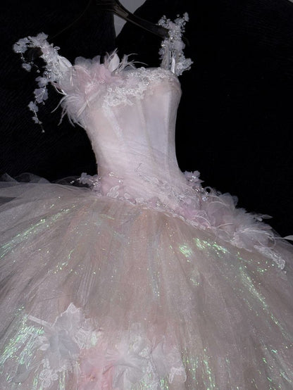 Sweet Ball Gown Spaghetti Straps Pink Tulle Applique Long Prom Dress Formal Dress