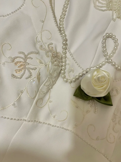 Elegant V Neck Satin Beaded Mermaid Long Wedding Guest Dress White Formal Party Dress Prom Gown