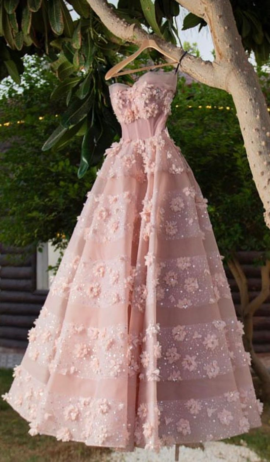 Sweet Strapless Tulle Sequin Appliques Pink Party Dress Evening Gown