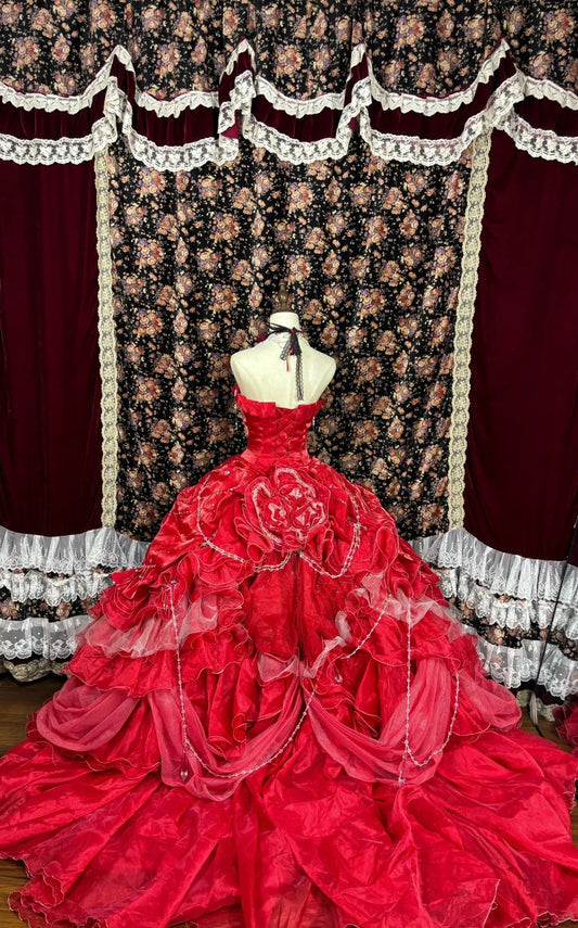 Vintage Red Sweetheart Sequin Strapless A-line 3D Flower  Prom Dress Evening Gown TP3786