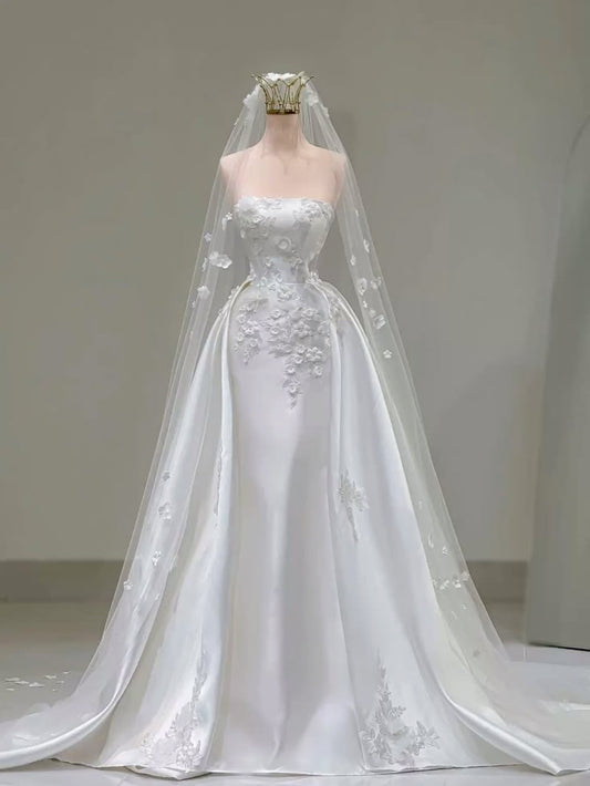 A Line White Long Satin 3D Floral Wedding Dress Bridal Gown