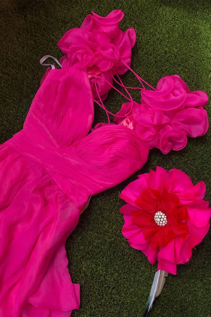Fuchsia V-Neck Chiffon A-Line Long Prom Dress