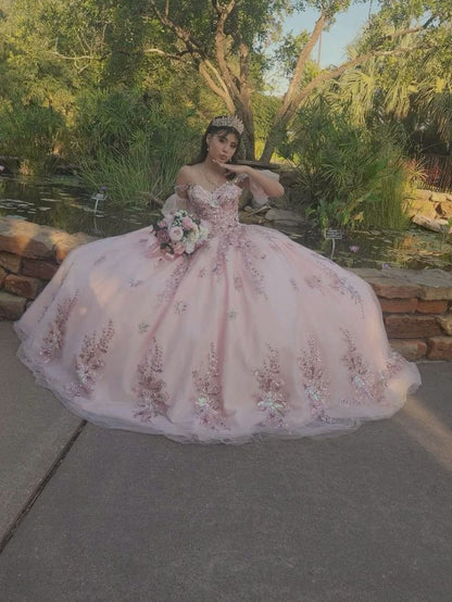 Pink Ball Gown Quinceanera Dress Applique Off the Shoulder Sweet 16 Vestidos