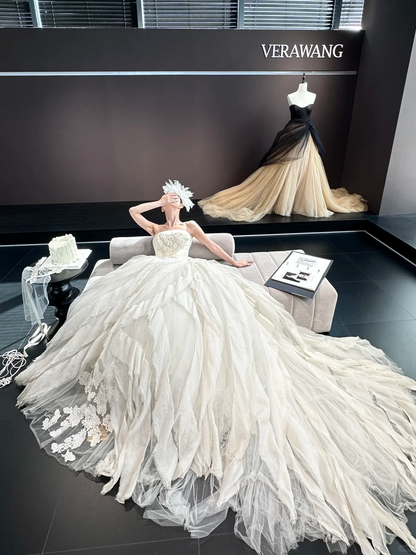 White retro tube top waist puffy skirt long dress bridal dress R6048