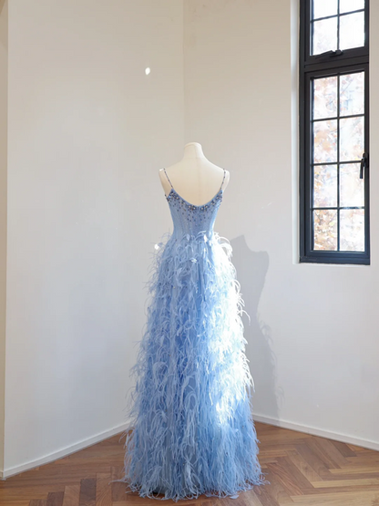 Blue halter-neck fitted waist long ball gown with feather skirt R8452