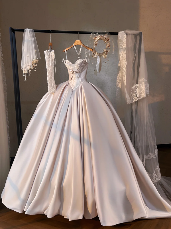 White elegant satin strap one shoulder puffy skirt bridal dress R5694