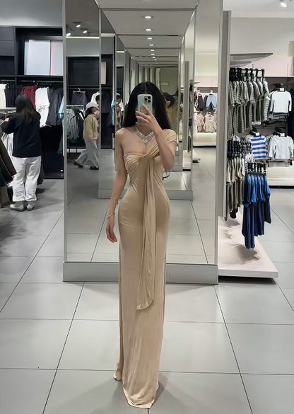 Light brown one-shoulder waist-cinching slim-fit bodycon sexy long prom dress R7913