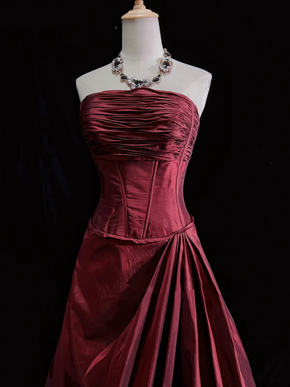 Dark red tube top pleated top with bud skirt short skirt suit homecoming dress R4996