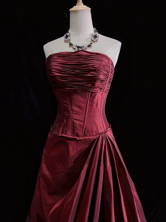Dark red tube top pleated top with bud skirt short skirt suit homecoming dress R4996