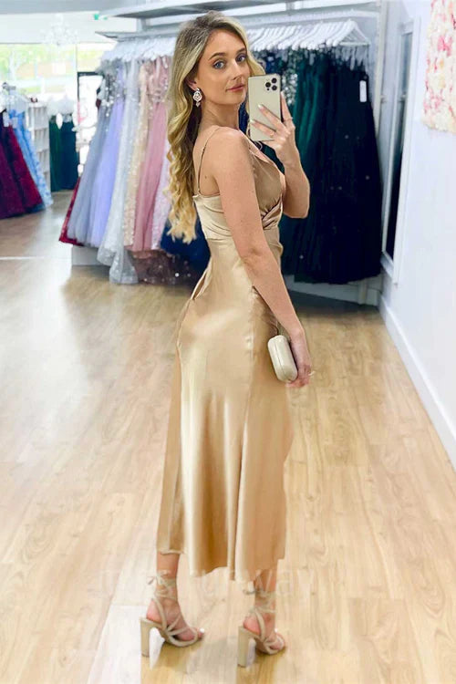 omberprom Fashion Simple Evening Dress V-Neck Champagne Midi Prom Dress