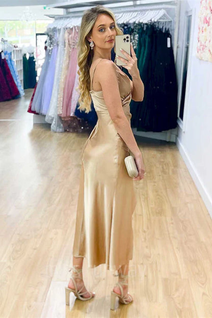 omberprom Fashion Simple Evening Dress V-Neck Champagne Midi Prom Dress