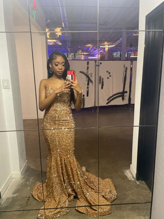 Sparkle Sequins Mermaid Evening Gowns Chic Strapless Prom Dresses