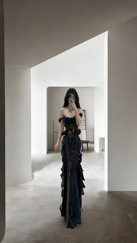 Black off-the-shoulder fitted waist slimming hip-hugging sexy long ball gown R8032