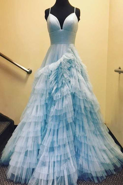 Spaghetti Straps Pink Tulle V-Neck Evening Prom Dress