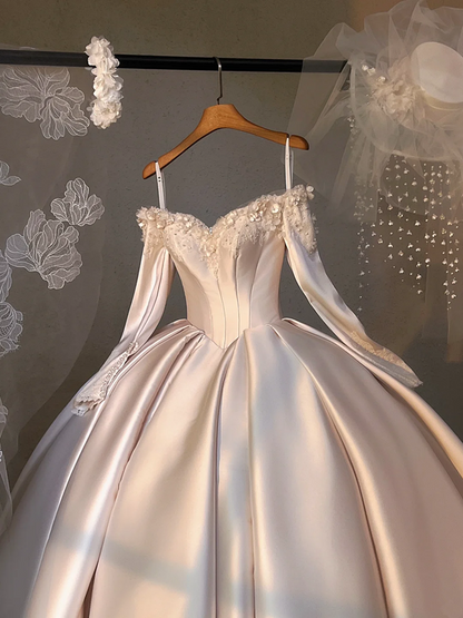 White elegant satin strap one shoulder puffy skirt bridal dress R5694