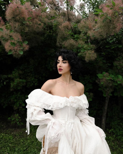 A Line Vintage Off Shoulder Long Wedding Dress     S7075