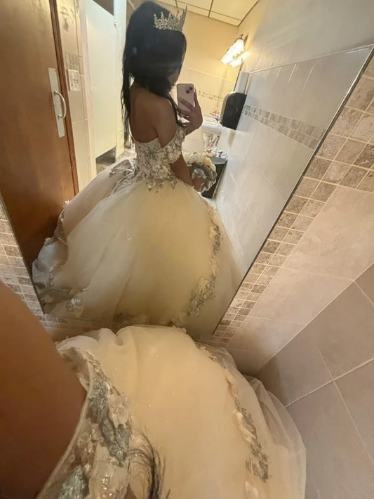 Champagne Quince Dress with Flowers Sweet 16 Dresses Off the Shoulder Ball Gown