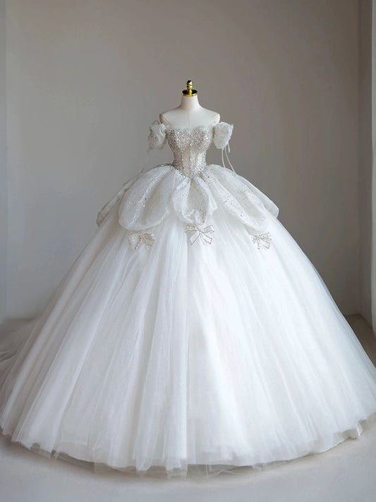 Sparkly Ball Gown Wedding Dresses For Bride 2025 Sweetheart Neckline Beading Sequins Short Sleeve Off The Shoulder Bridal Dresses