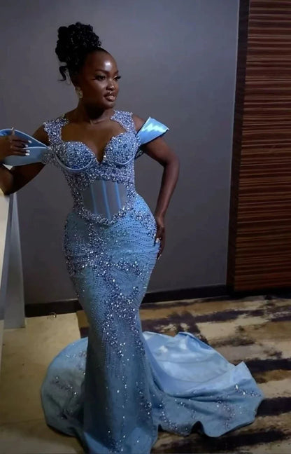 Gorgeous Sky Blue Beaded Prom Dress Long Sweetheart Evening Dress Mermaid Formal Dress TP4581