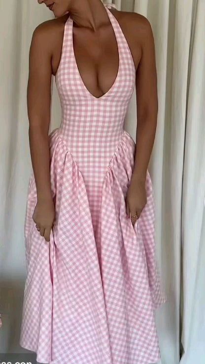 A Line Halter Sleeveless Plaid dress Evening Party Gowns