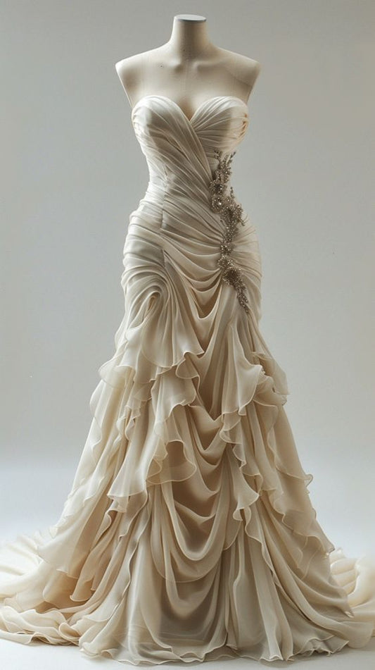 Vintage Mermaid Sweetheart Chiffon Ruffles Long Wedding Dress     S7068