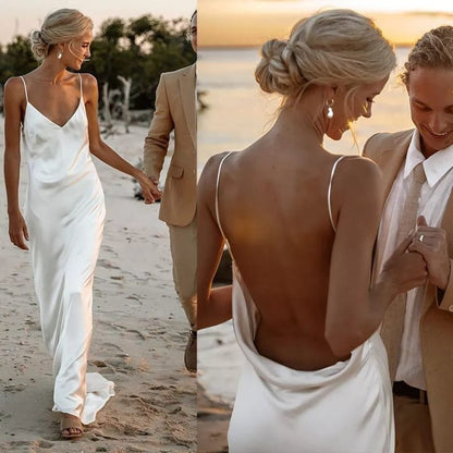 Column Spaghetti Straps V Neck Sleeveless Wedding Dress Formal Women's Dresses        S6965