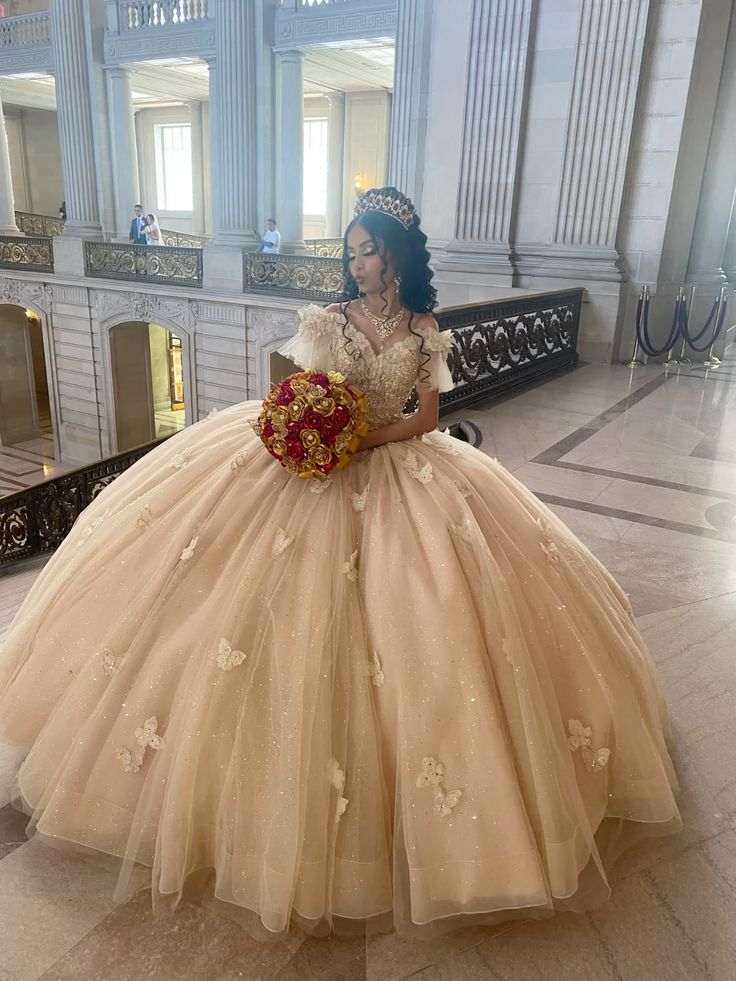 Champagne Quinceanera Off Shoulder Sweet 16 Applique Party Ball Gown     S7228