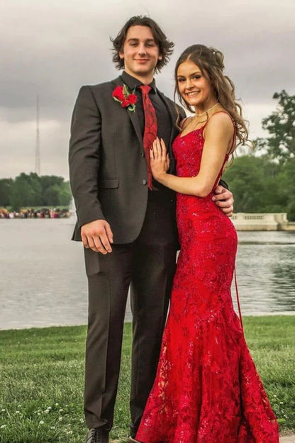 Burgundy Mermaid Lace Sequins Prom Dress     S5059