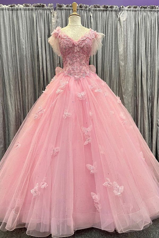 Pink Tulle 3D Floral Lace Bow Back Ball Gown with Flutter Sleeves
