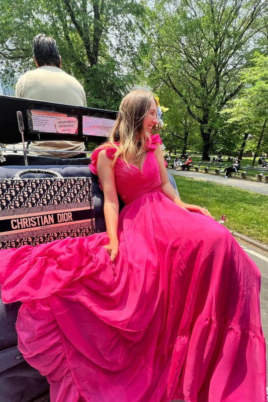 Fuchsia V-Neck Chiffon A-Line Long Prom Dress