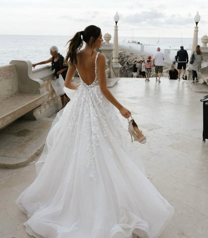 A line lace wedding dresses for women,long beach dresses,classy dresses       S7105