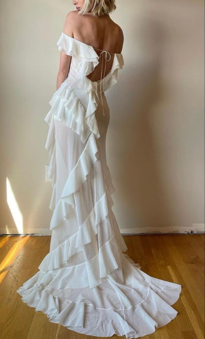 Off shoulder irregular dress for women elegant sexy evening ruffle party dress     S7073