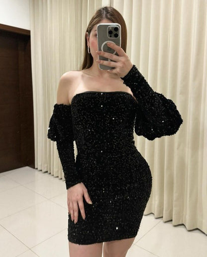 Elegant Black Sequin Sheath Homecoming Dress Short Party Gown With Sleeves